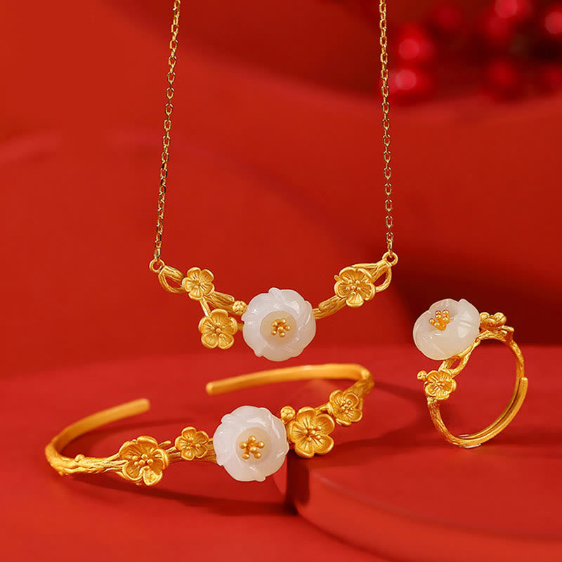 Hetian Jade Plum Blossom Luck Necklace Bracelet Ring Set