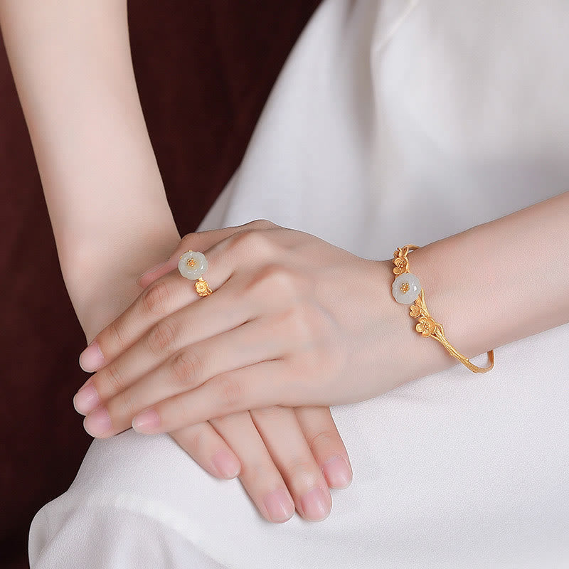 Hetian Jade Plum Blossom Luck Necklace Bracelet Ring Set