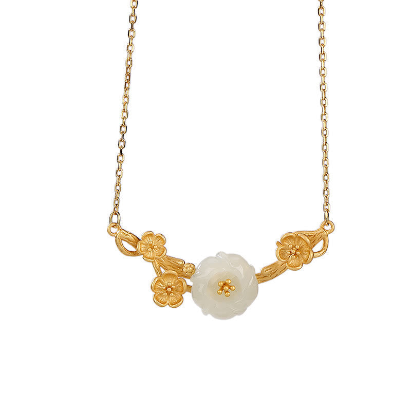 Hetian Jade Plum Blossom Luck Necklace Bracelet Ring Set