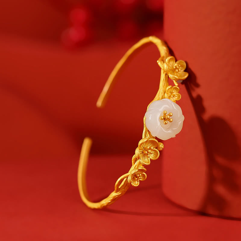Hetian Jade Plum Blossom Luck Necklace Bracelet Ring Set