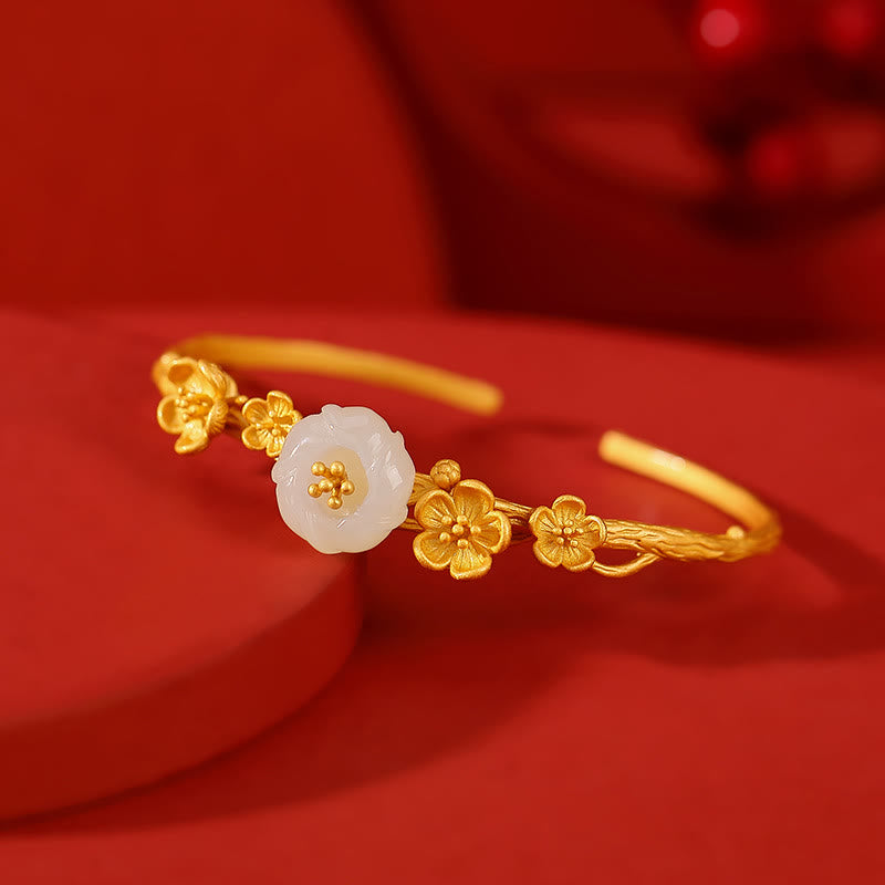Hetian Jade Plum Blossom Luck Necklace Bracelet Ring Set