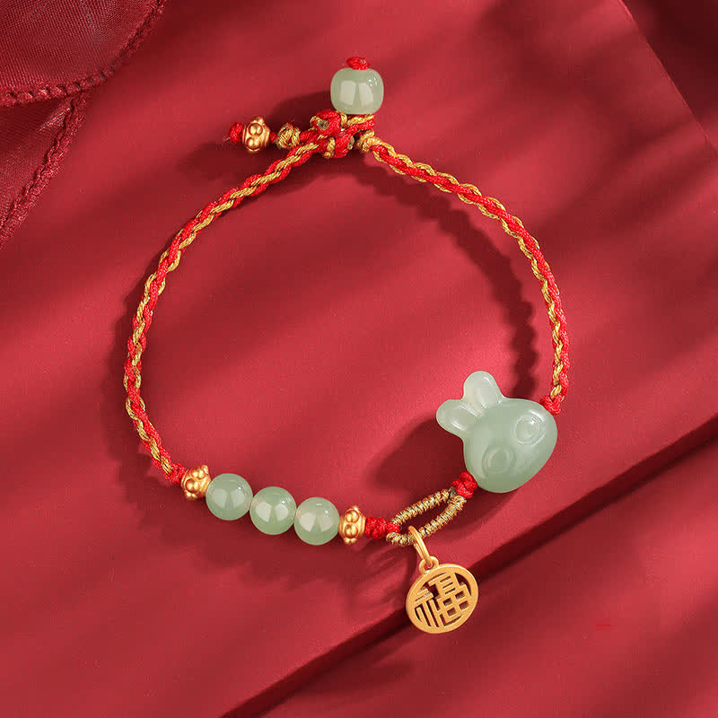 Hetian Jade Red String Bracelet for Luck and Happiness, 15-17cm