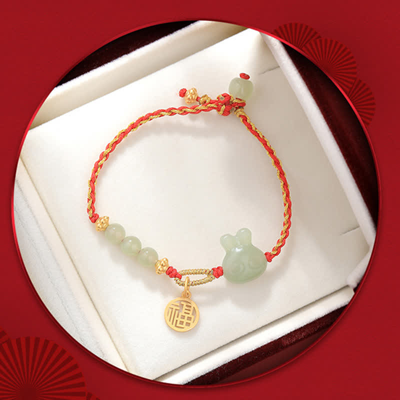 Hetian Jade Red String Bracelet for Luck and Happiness, 15-17cm