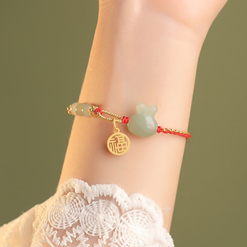 Hetian Jade Red String Bracelet for Luck and Happiness, 15-17cm