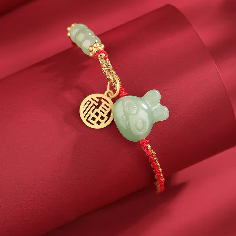 Hetian Jade Red String Bracelet for Luck and Happiness, 15-17cm