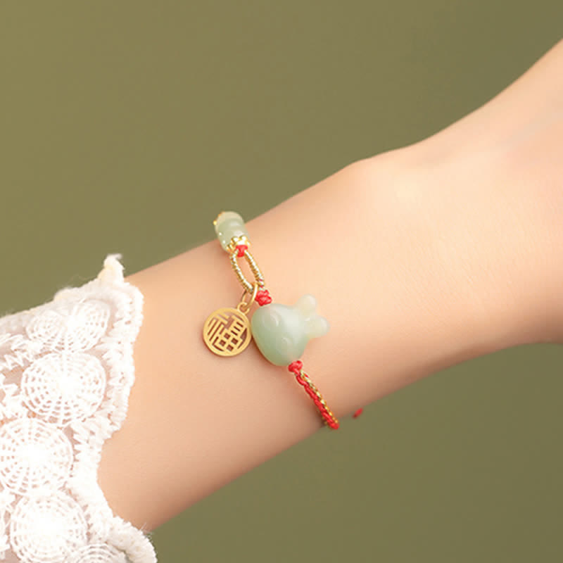 Hetian Jade Red String Bracelet for Luck and Happiness, 15-17cm