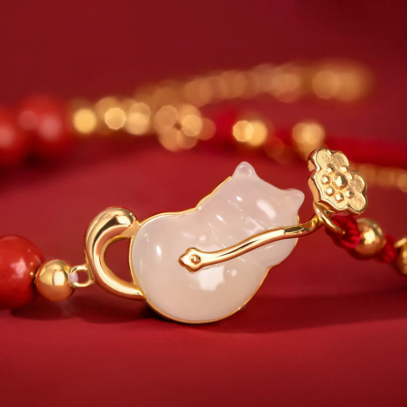 Hetian Jade Ruyi Cat Luck Bracelet and Necklace Set