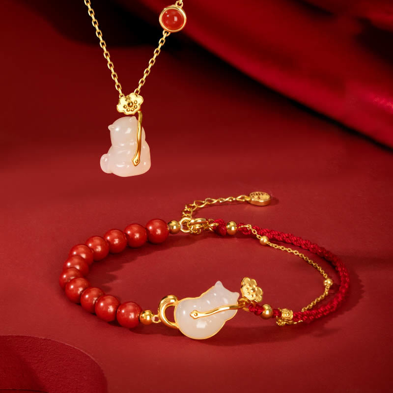 Hetian Jade Ruyi Cat Luck Bracelet and Necklace Set