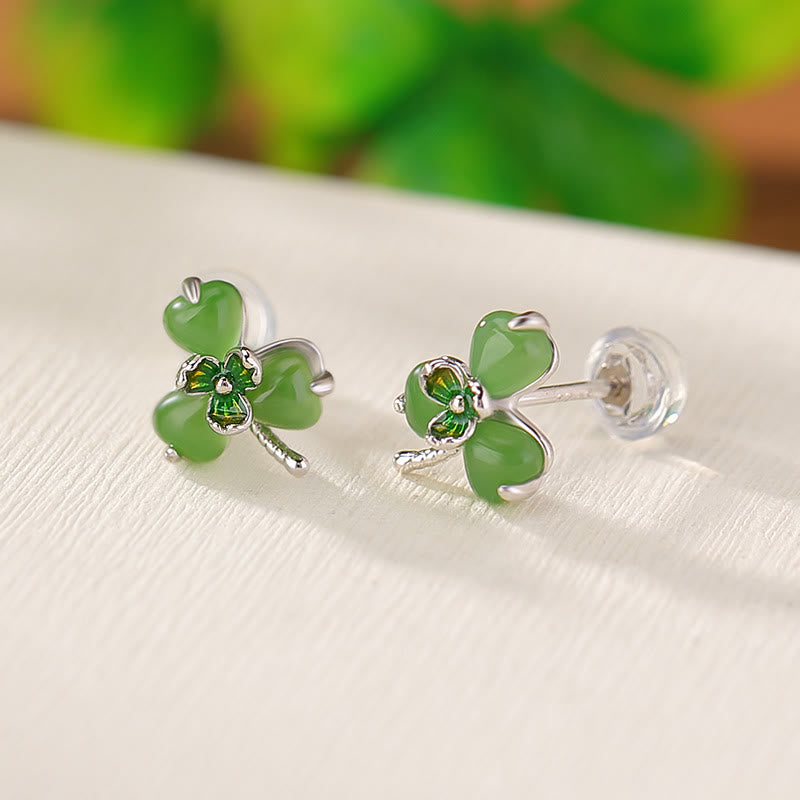 Hetian Jade Shamrock Luck Earrings in Silver
