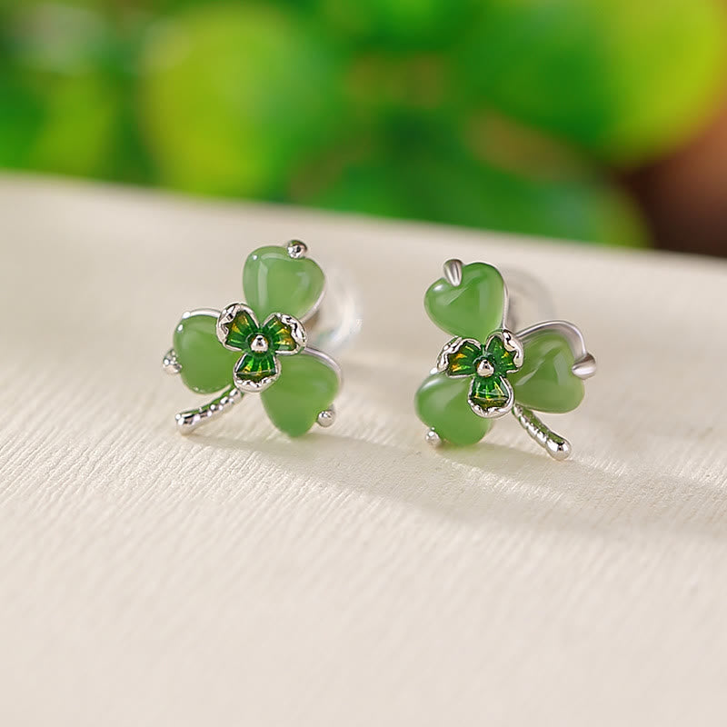 Hetian Jade Shamrock Luck Earrings in Silver
