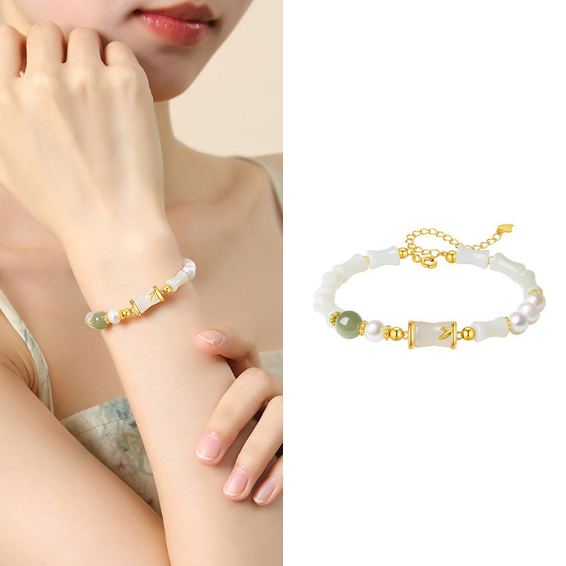 Hetian White Jade Bracelet | Sterling Silver Bamboo Luck Blessing