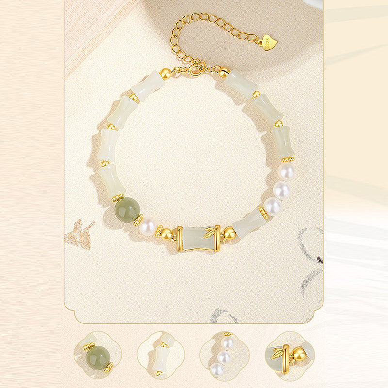 Hetian White Jade Bracelet | Sterling Silver Bamboo Luck Blessing