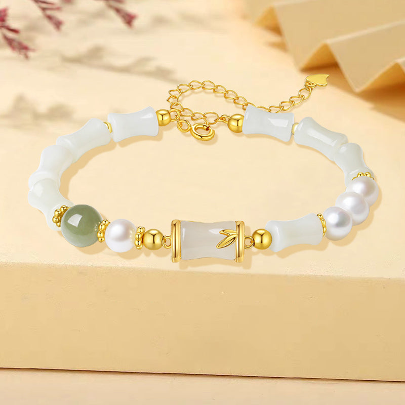 Hetian White Jade Bracelet | Sterling Silver Bamboo Luck Blessing
