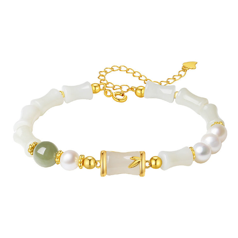 Hetian White Jade Bracelet | Sterling Silver Bamboo Luck Blessing