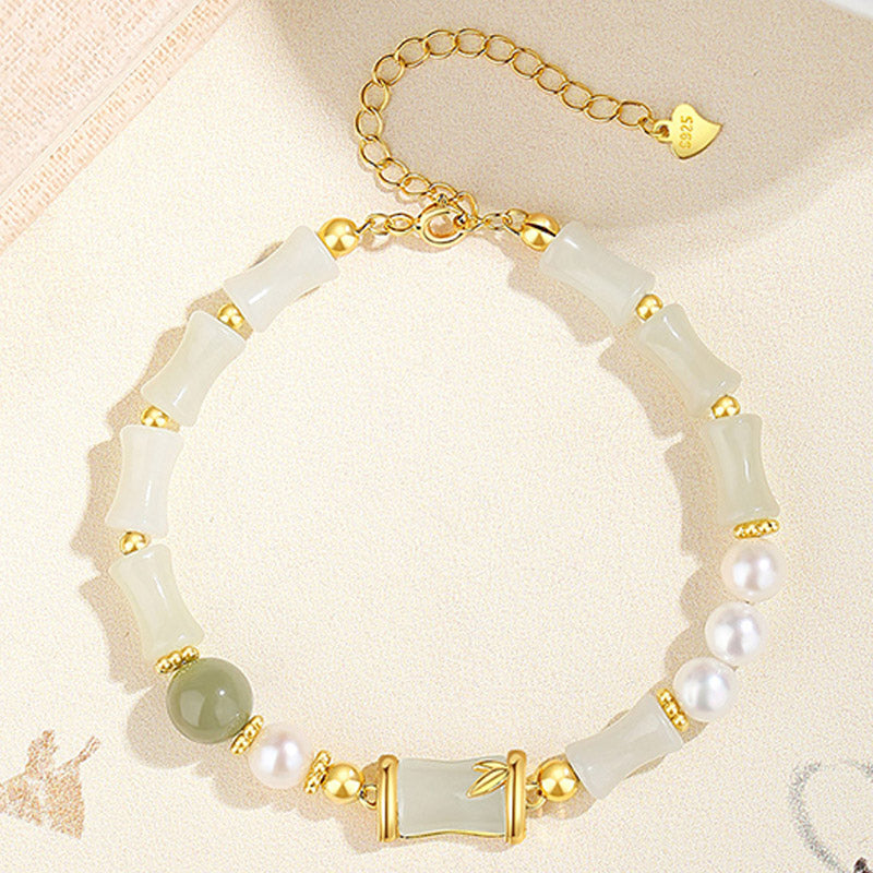 Hetian White Jade Bracelet | Sterling Silver Bamboo Luck Blessing