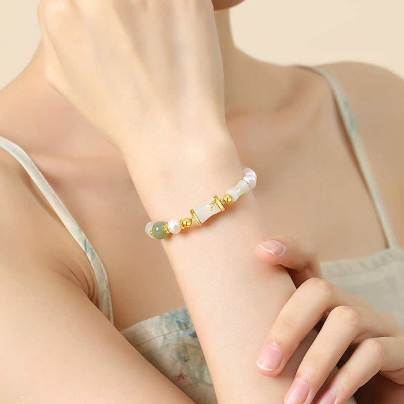Hetian White Jade Bracelet | Sterling Silver Bamboo Luck Blessing