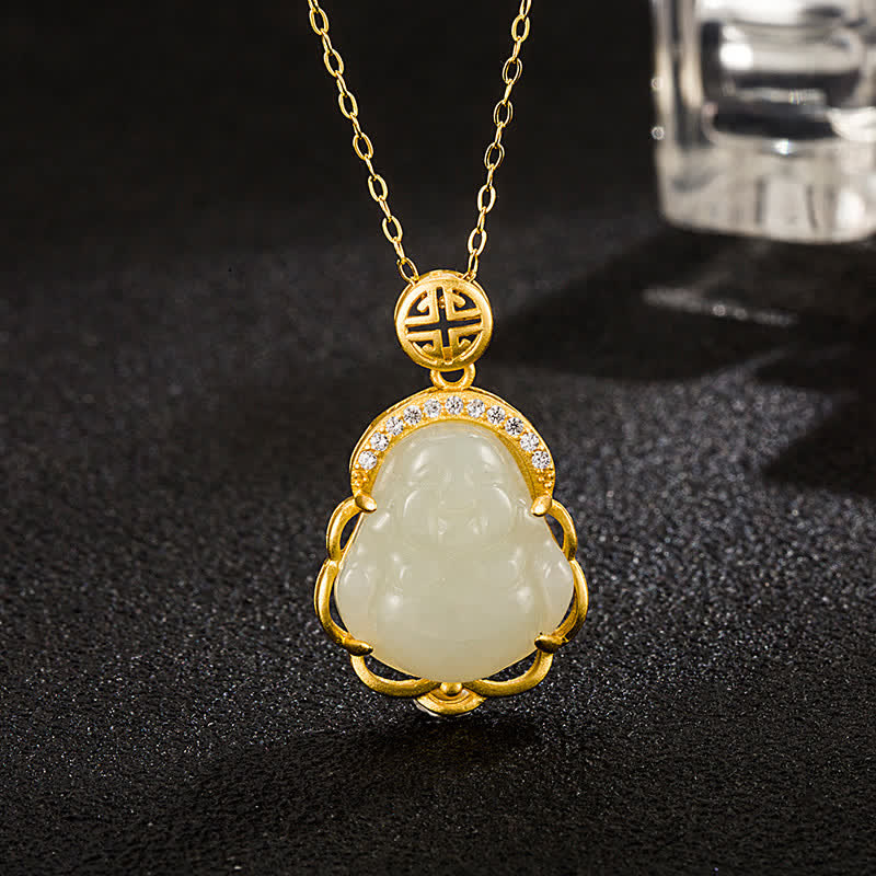 Hetian White Jade Buddha Necklace 925 Sterling Silver Protection Pendant