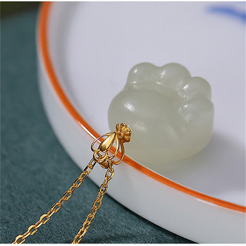 Hetian White Jade Cat Paw Luck Necklace in 925 Silver