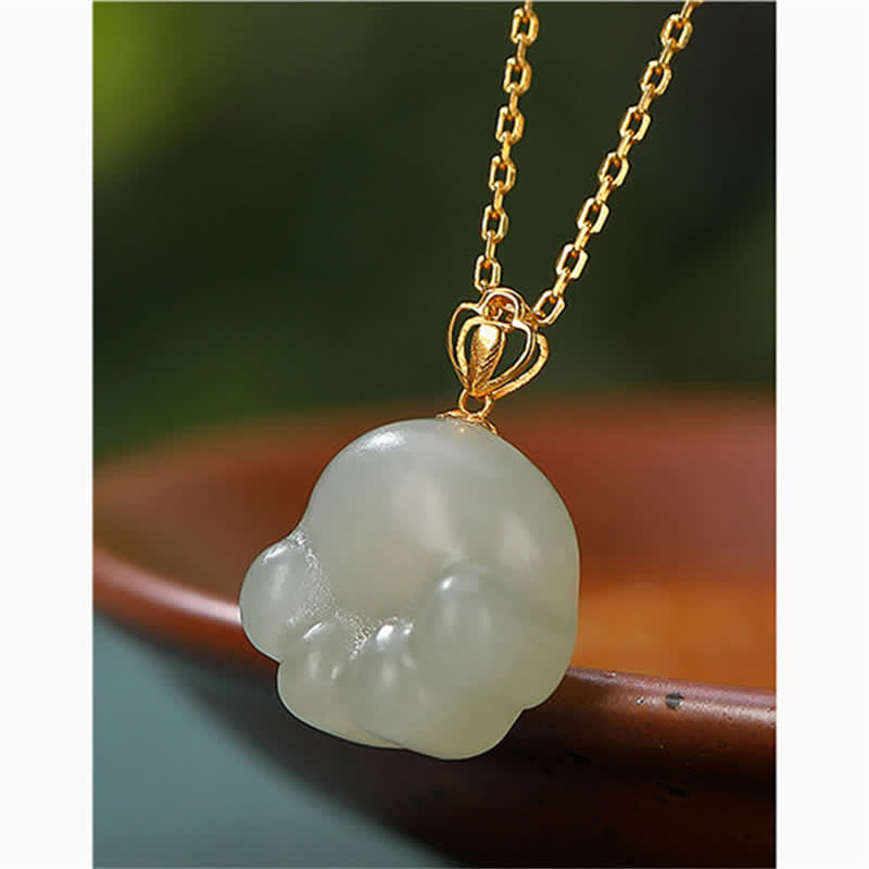 Hetian White Jade Cat Paw Luck Necklace in 925 Silver