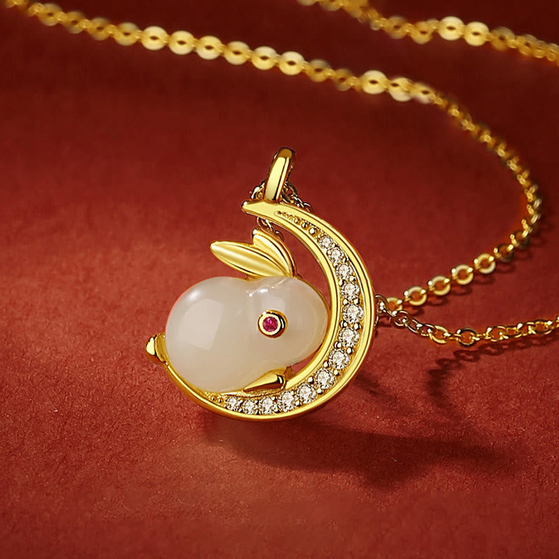 Hetian White Jade Rabbit Crescent Moon Necklace