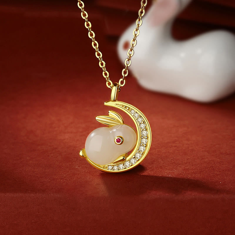 Hetian White Jade Rabbit Crescent Moon Necklace