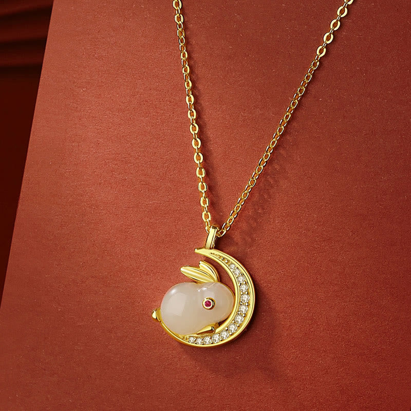 Hetian White Jade Rabbit Crescent Moon Necklace