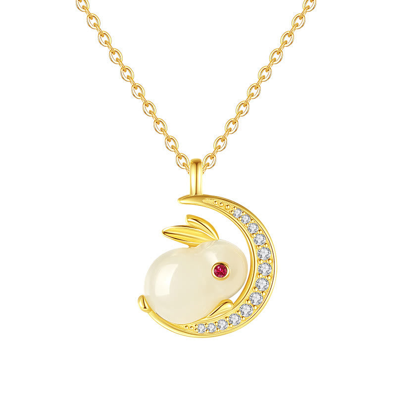 Hetian White Jade Rabbit Crescent Moon Necklace