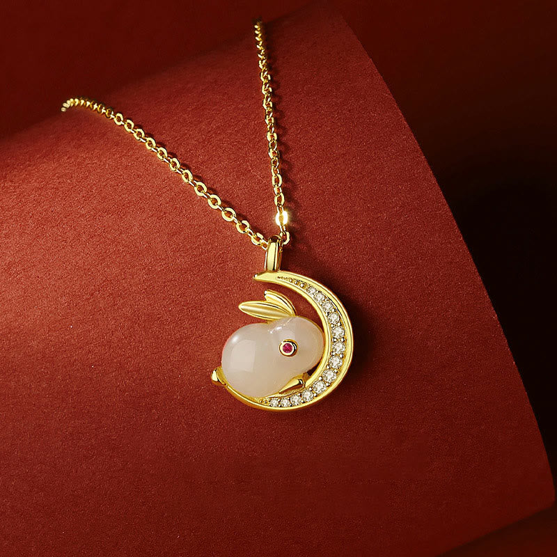 Hetian White Jade Rabbit Crescent Moon Necklace