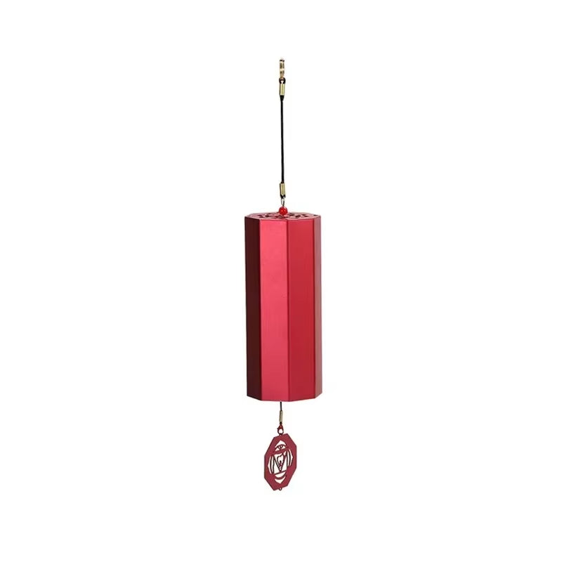 Red cylindrical wind chime with decorative pendant from Hexagonal Metal Koshi Chime Bells for Healing