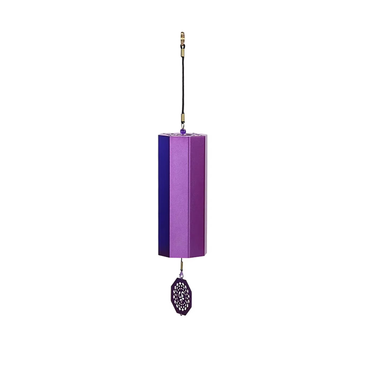 Purple hexagonal wind chime with decorative medallion pendant for healing and tranquility