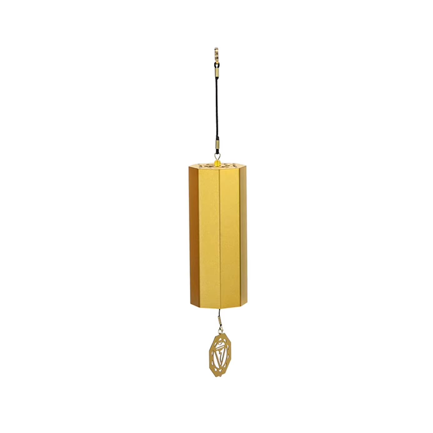 Golden hexagonal wind chime with decorative pendant for healing and relaxation