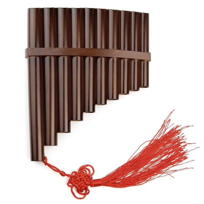 High-Quality Bamboo Pan Flute in C Key with Red Tassel Ornament and Dark Brown Pipes