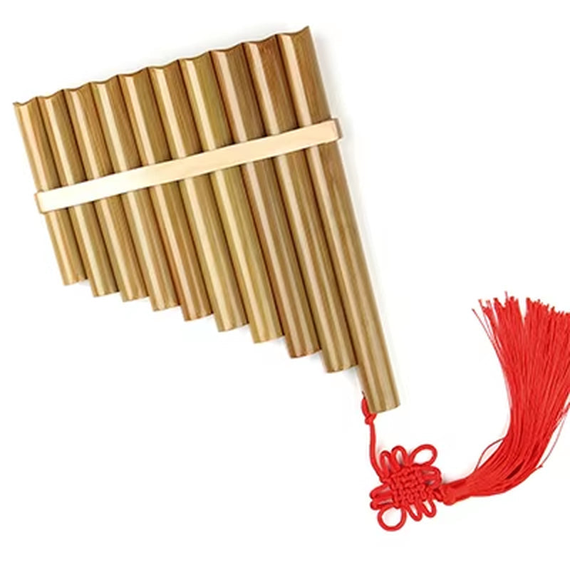 High-Quality Bamboo Pan Flute in C Key with red decorative tassel and 10 pipes