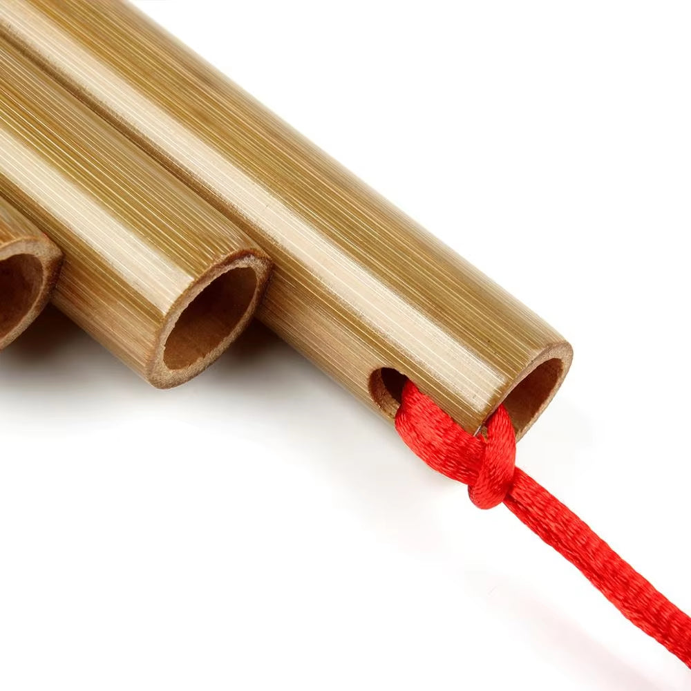 Bamboo poles with red string for High-Quality Bamboo Pan Flute in C Key, 10 Pipes