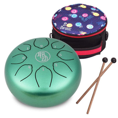Green HLURU Huashu Alloy Steel Tongue Drum with mallets and carrying case
