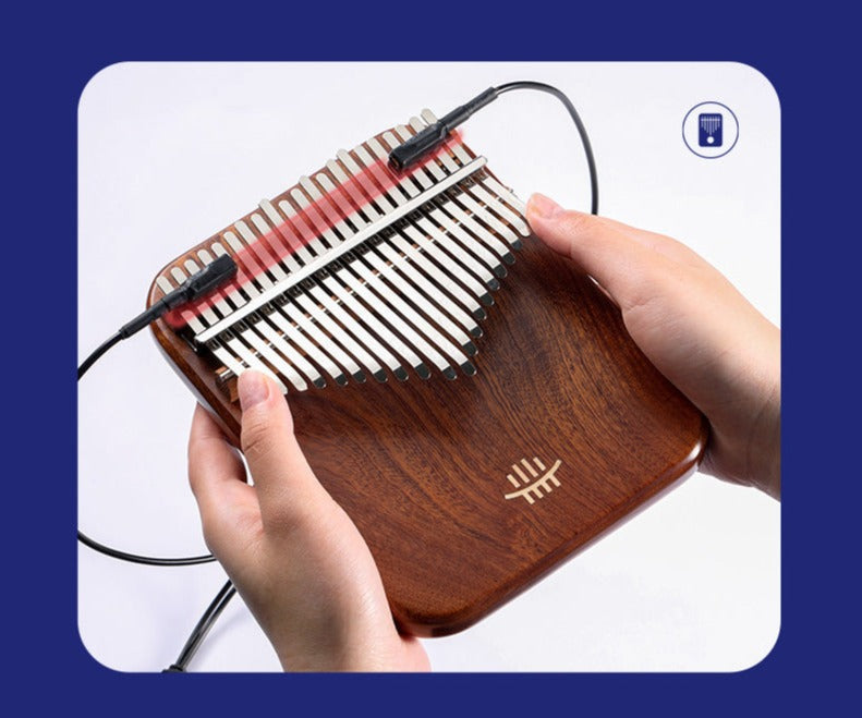 Wooden Kalimba thumb piano with metal tines held in hands showcasing Hluru pickup