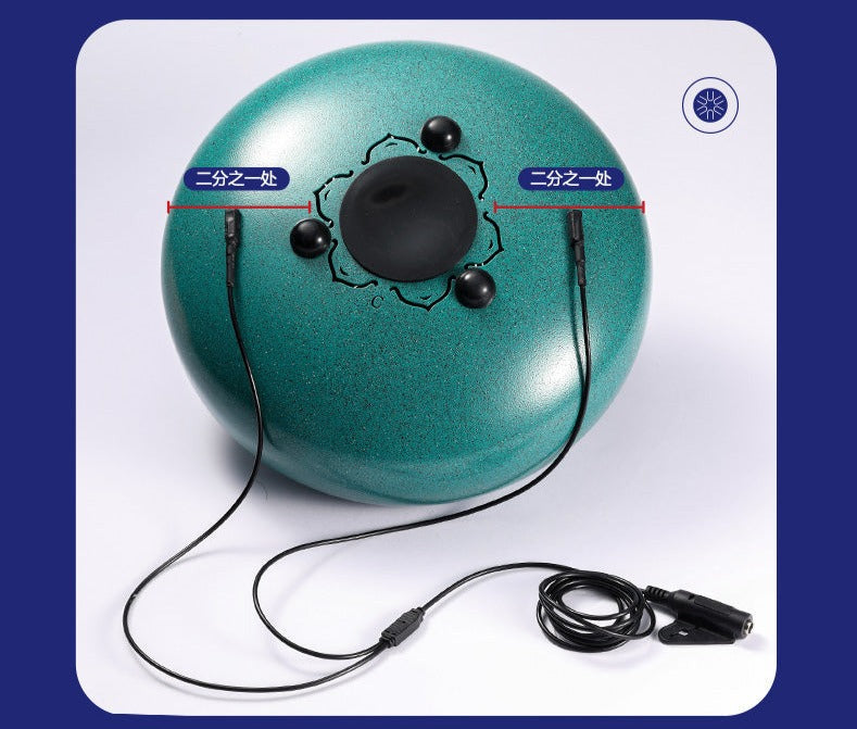 Turquoise spherical speaker with black earphones for Hluru Kalimba pickup device