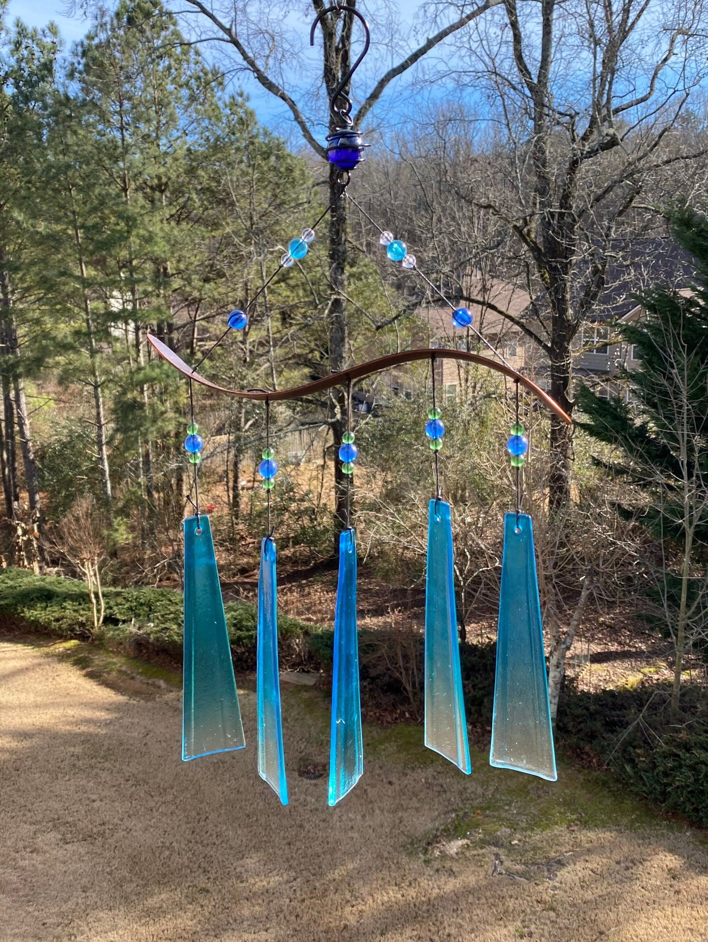 Joyous Wind Chimes, 19 Inch Light Blue Glass Handmade Wind Chime, the Sound Can Create a Sense of Peace, Relaxation and Beautiful Garden Art