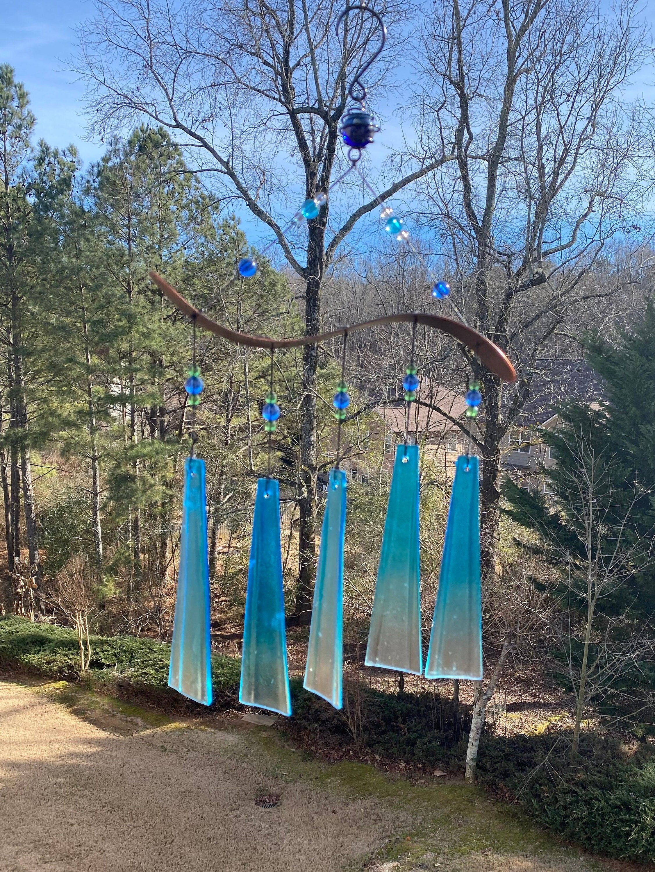 Joyous Wind Chimes, 19 Inch Light Blue Glass Handmade Wind Chime, the Sound Can Create a Sense of Peace, Relaxation and Beautiful Garden Art