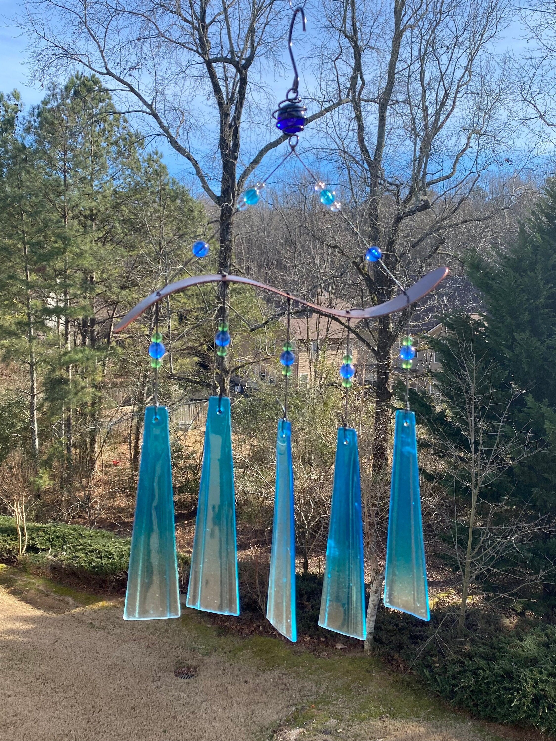 Joyous Wind Chimes, 19 Inch Light Blue Glass Handmade Wind Chime, the Sound Can Create a Sense of Peace, Relaxation and Beautiful Garden Art