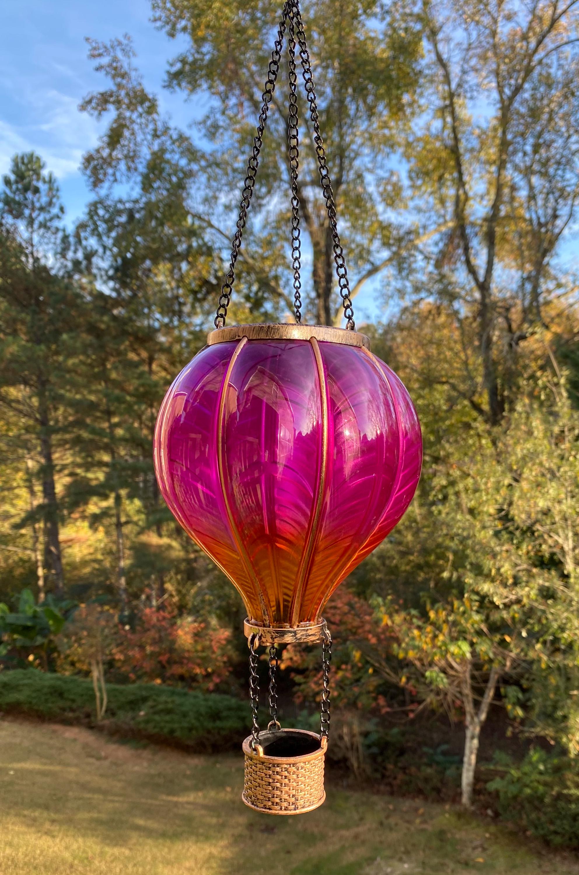 The Adorable Hot Air Balloon Solar Lantern with Flickering Flame Hanging Solar Light, Pink Solar Lantern Outdoor Waterproof for Garden Lawn