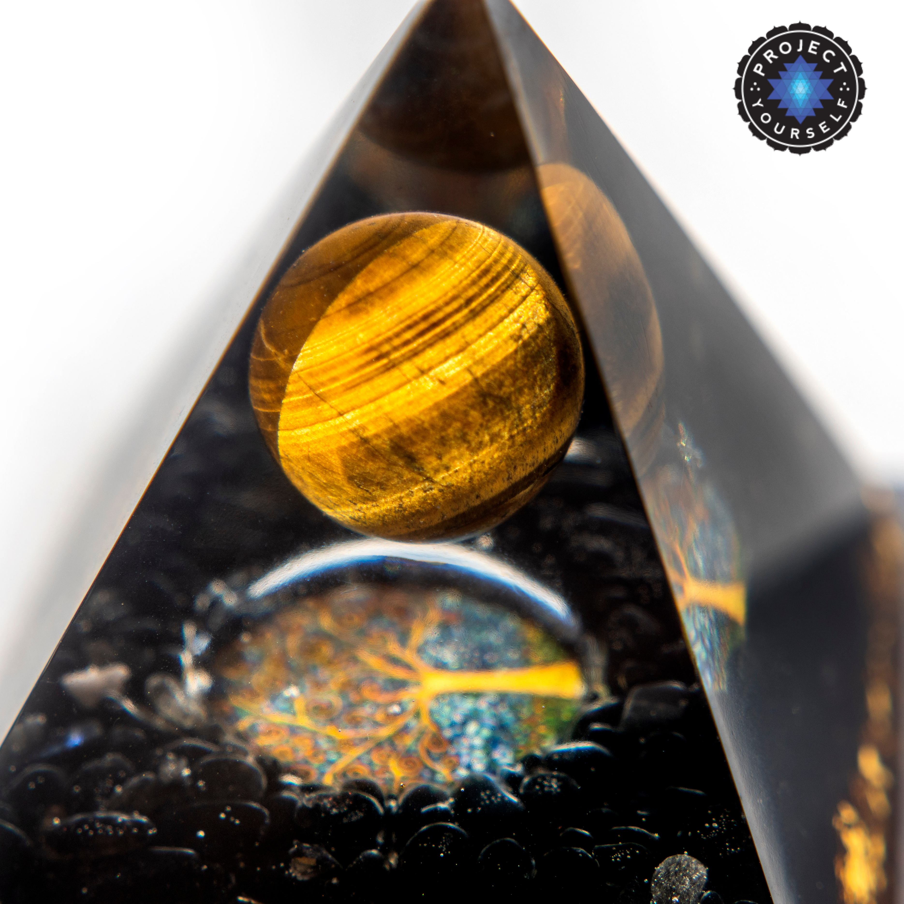 Inner Calling Orgone Pyramid with Tiger Eye Stone