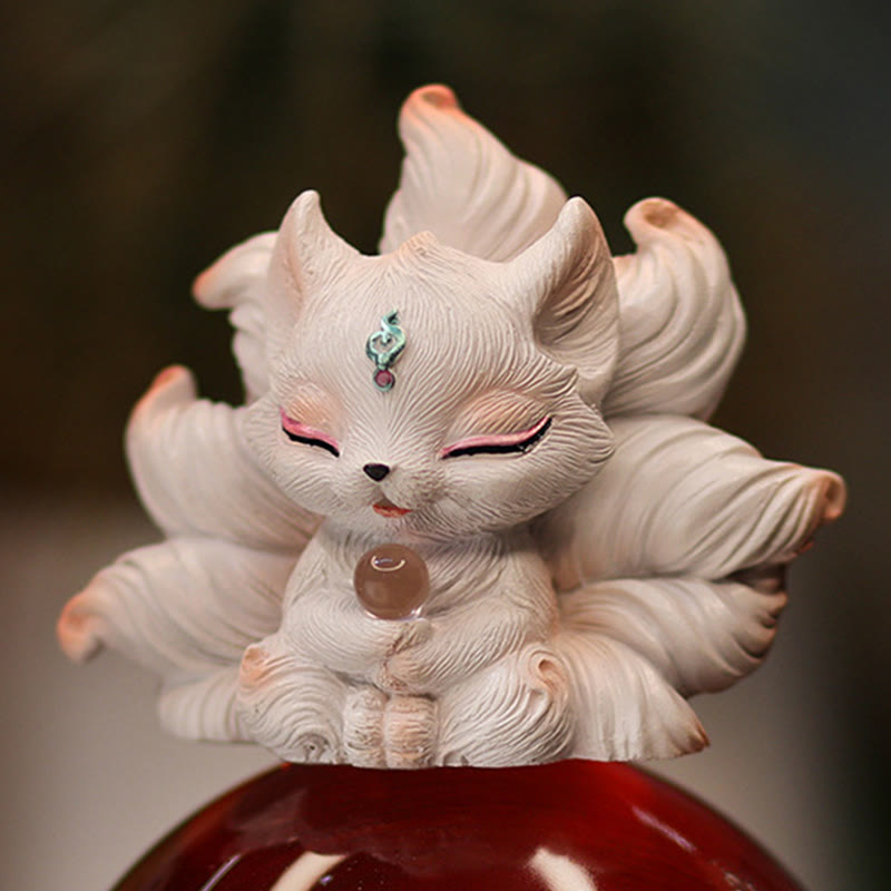 Ivory Resin Nine-Tailed Fox Figurine 7.5cm Mythical Statue