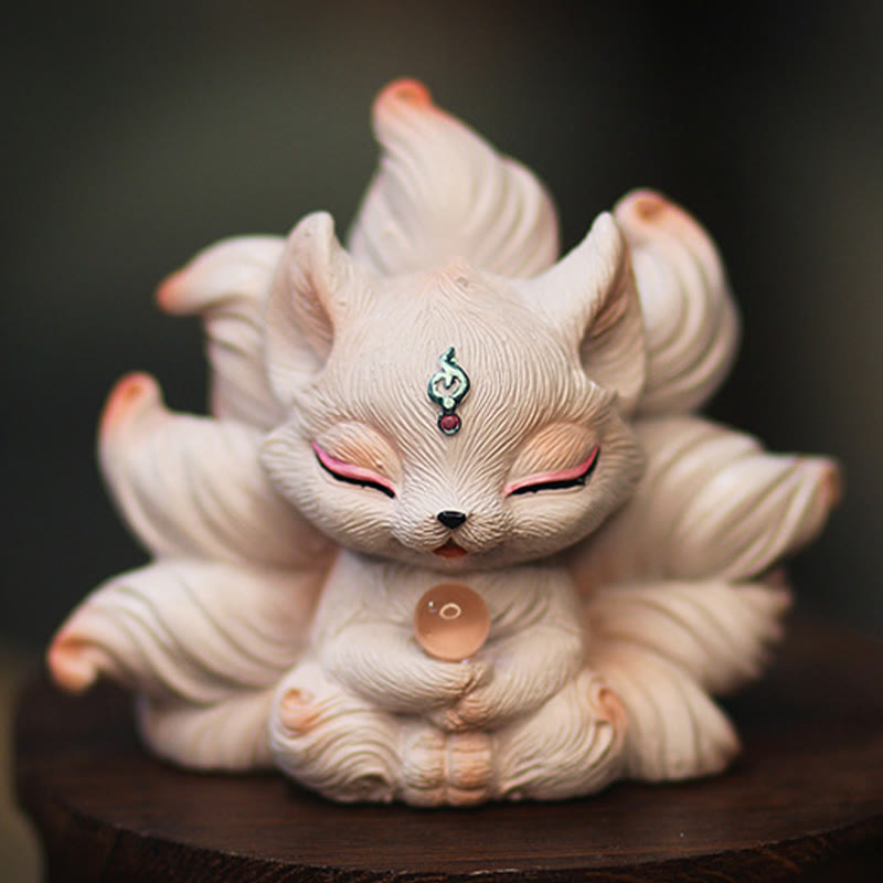 Ivory Resin Nine-Tailed Fox Figurine 7.5cm Mythical Statue