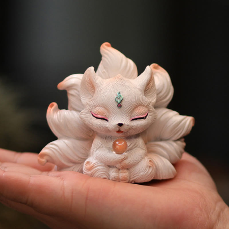 Ivory Resin Nine-Tailed Fox Figurine 7.5cm Mythical Statue
