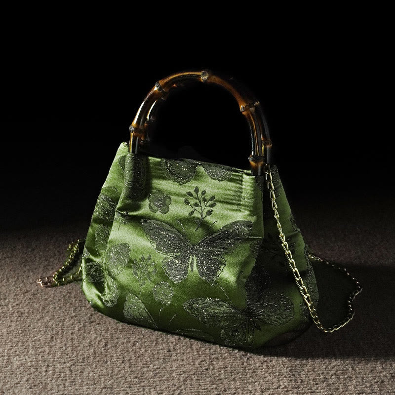 Jacquard Butterfly Flowers Bag with Bamboo Handle | Spiritual Accessory