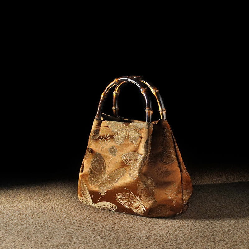 Jacquard Butterfly Flowers Bag with Bamboo Handle | Spiritual Accessory