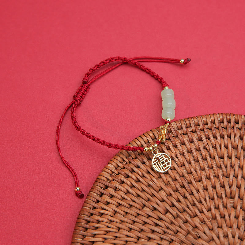 Jade Bead Bracelet with Fu Charm on Red Rope for Luck & Prosperity