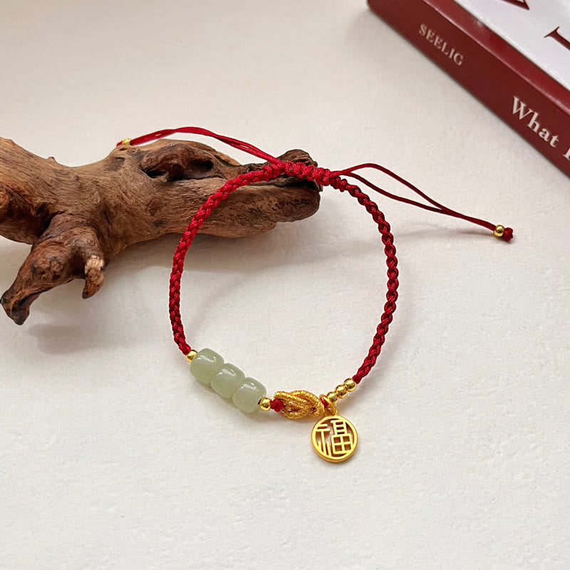 Jade Bead Bracelet with Fu Charm on Red Rope for Luck & Prosperity