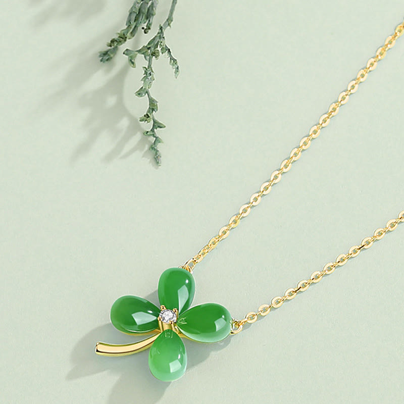 Jade Four Leaf Clover Necklace | 925 Silver Luck Pendant